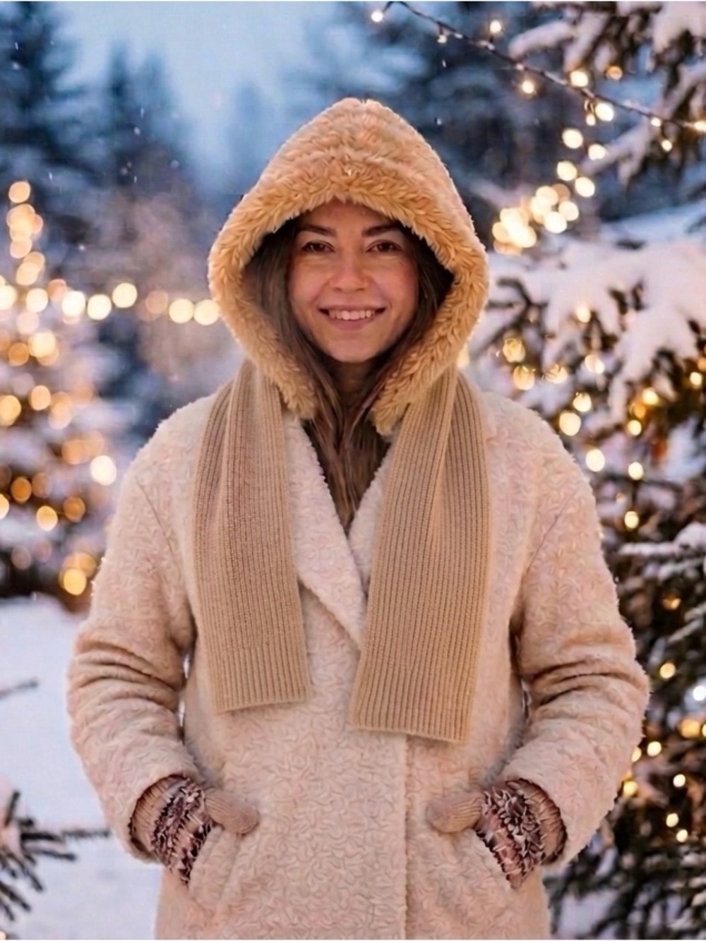 Women's Beige Faux-Fur Hooded Scarf - Cozy Winter Hood